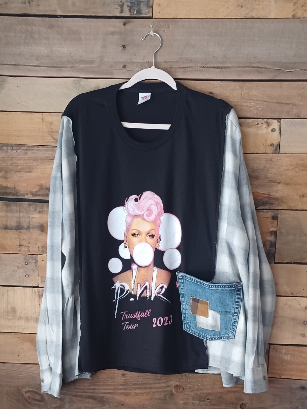 Upcycled P!nk Trustfall Tour 2023 Graphic  T-shirt  with Plaid Sleeves